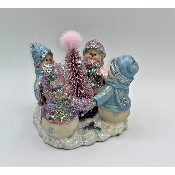Vintage Four Pastel Pink Blue Snowmen & Pink Bottle Brush Tree Faux Fur OMG OOAK - Picture 3 of 16